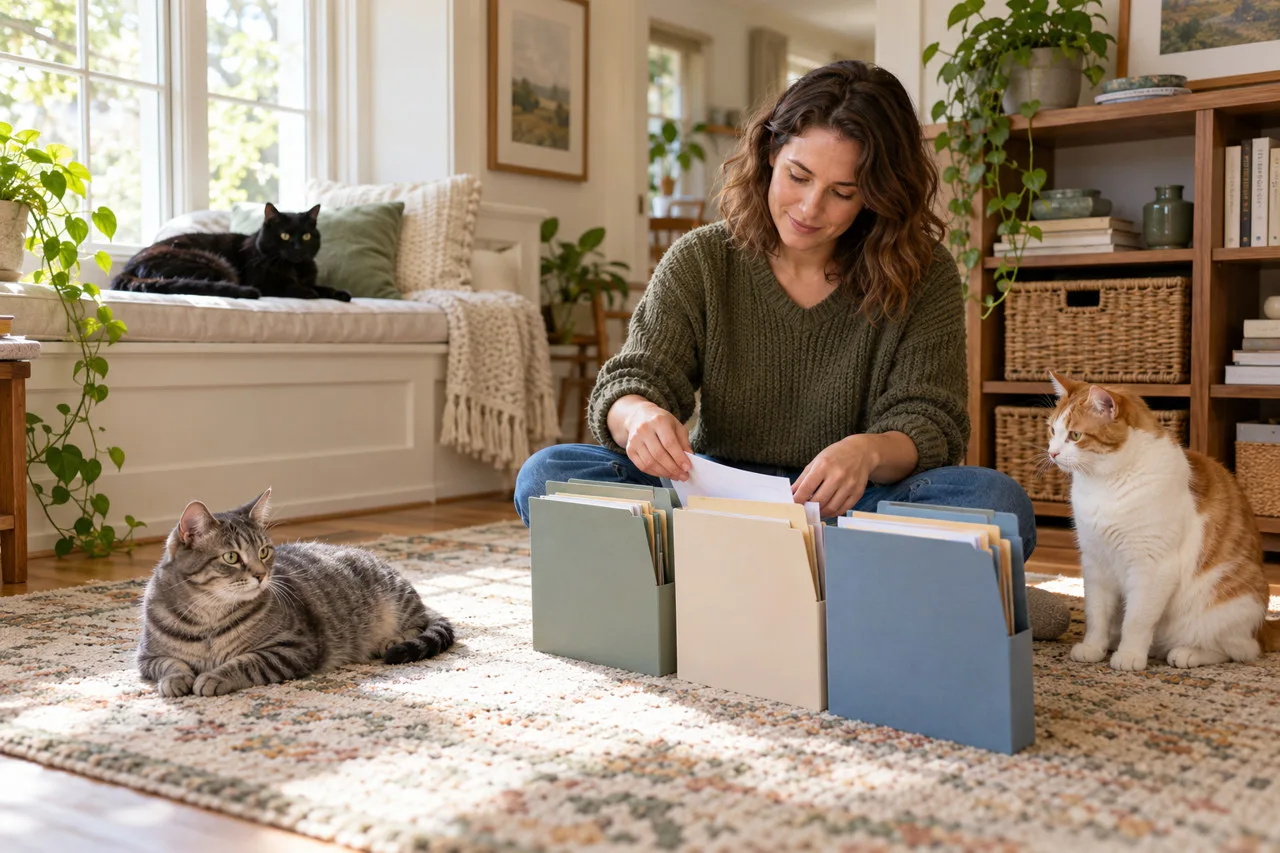 Owner reviewing folders with cats nearby