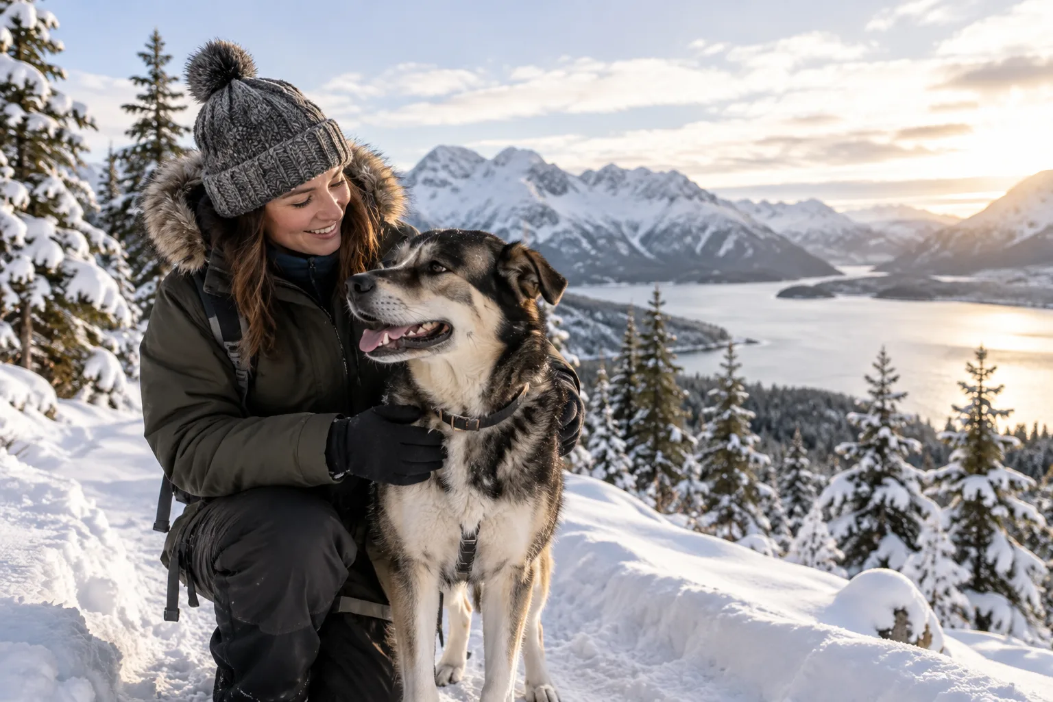 Owner with a dog in a snowy mountain setting, used illustratively